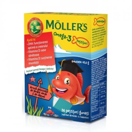 Moller's Pestisori gumati cu Omega-3 aroma de lamaie verde si capsuni x 36 jeleuri