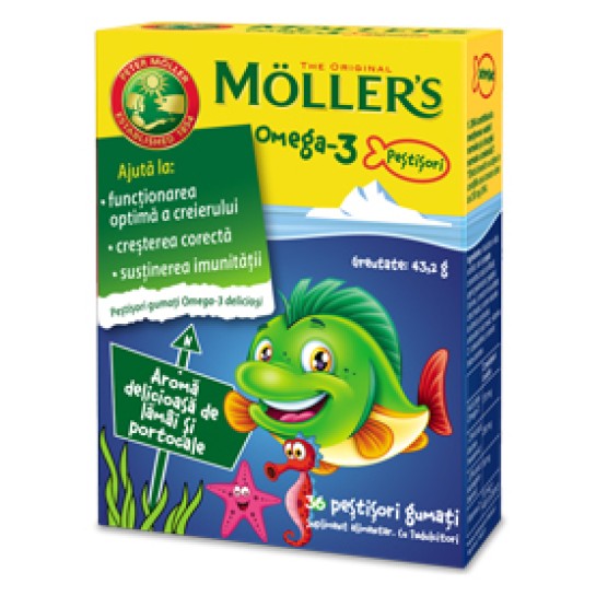 Moller's Pestisori gumati cu Omega-3 aroma de portocale x 36 jeleuri