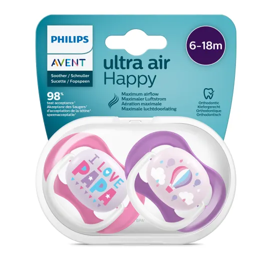 Avent Suzete ultra air 6-18 luni, design text, fete x 2 bucati SCF080/04