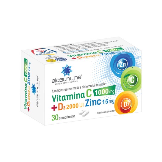 Vitamina C 1000mg + Vitamina D3 2000UI + Zinc 15mg x 30 comprimate