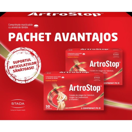 Artrostop cu colagen x 30 comprimate masticabile 1+1 (pachet)